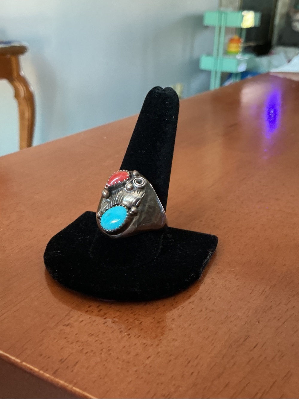 Navajo-style Sterling Silver Men's Ring with Turquoise and Coral stones.